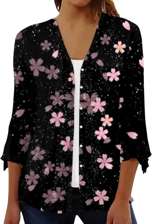 Kimono Cardigans for Women 3/4 Sleeve Button Down Cardigans Floral Printed Casual Loose Open Front Cardigan