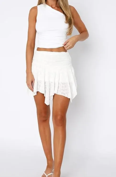 KOSUSANILL Ruffle Lace Mini Skirt for Women Y2k Irregular Layered Low Rise Flowy Pleated Asymmetrical Hem A Line Short Skirt