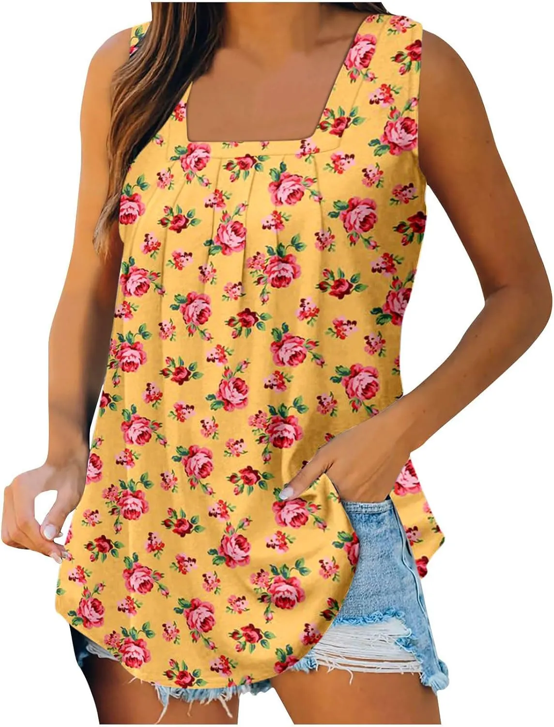 Lastesso Women's Tank Tops Fashion Retro Flower Print Smocked Front Shirts Casual Square Neck Sleeveless Tops Summer Tanks