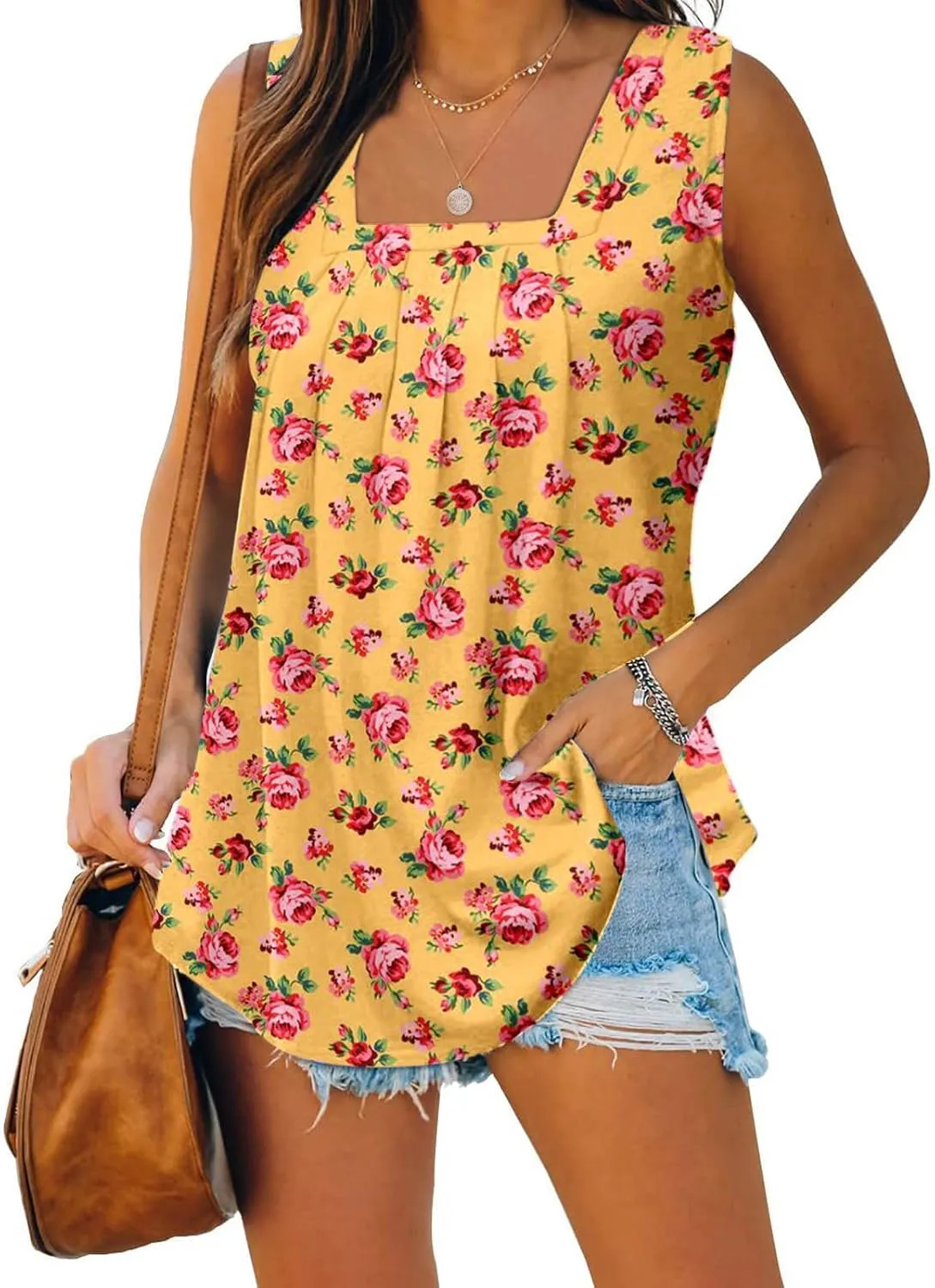 Lastesso Women's Tank Tops Fashion Retro Flower Print Smocked Front Shirts Casual Square Neck Sleeveless Tops Summer Tanks