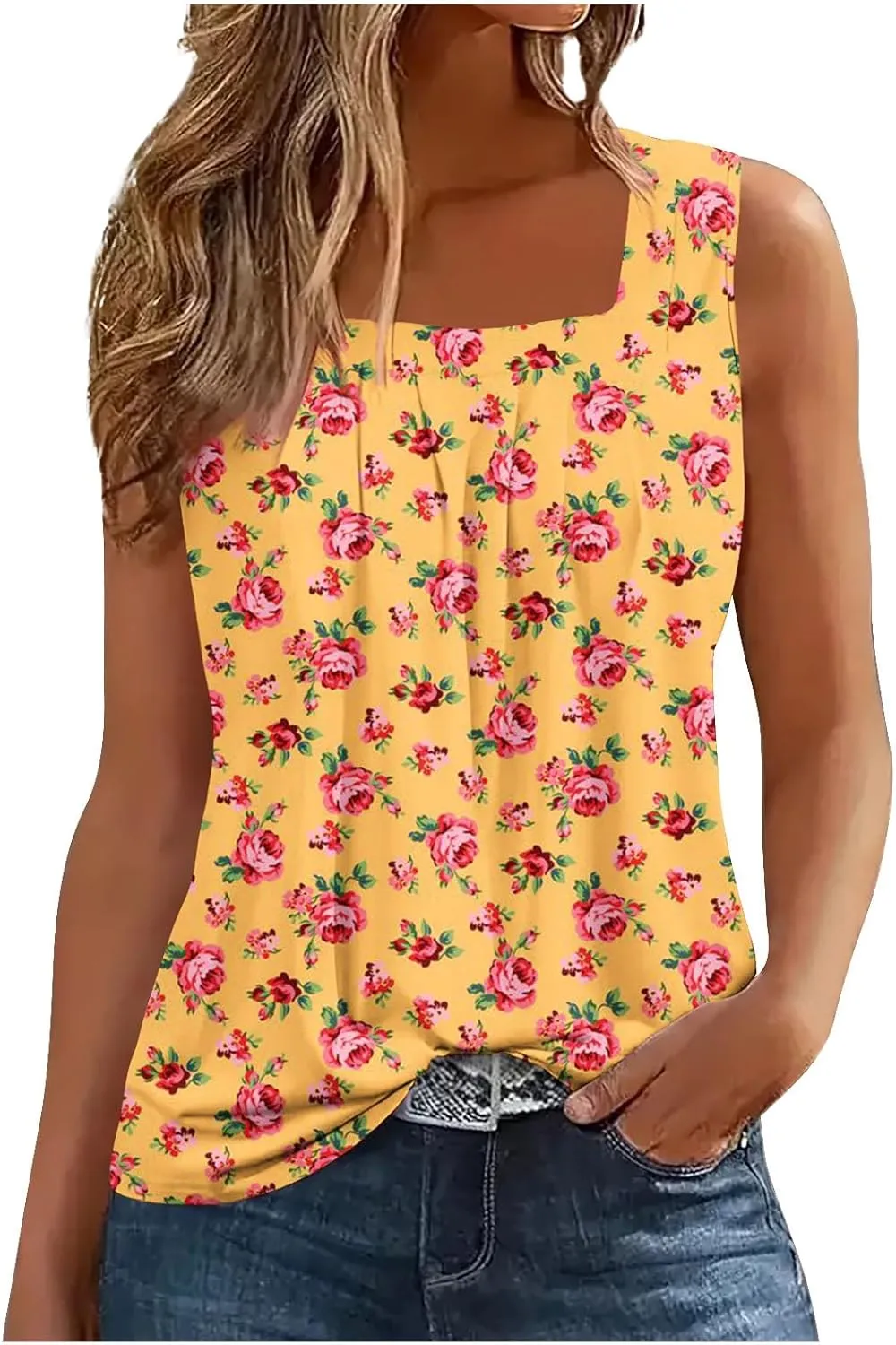 Lastesso Women's Tank Tops Fashion Retro Flower Print Smocked Front Shirts Casual Square Neck Sleeveless Tops Summer Tanks