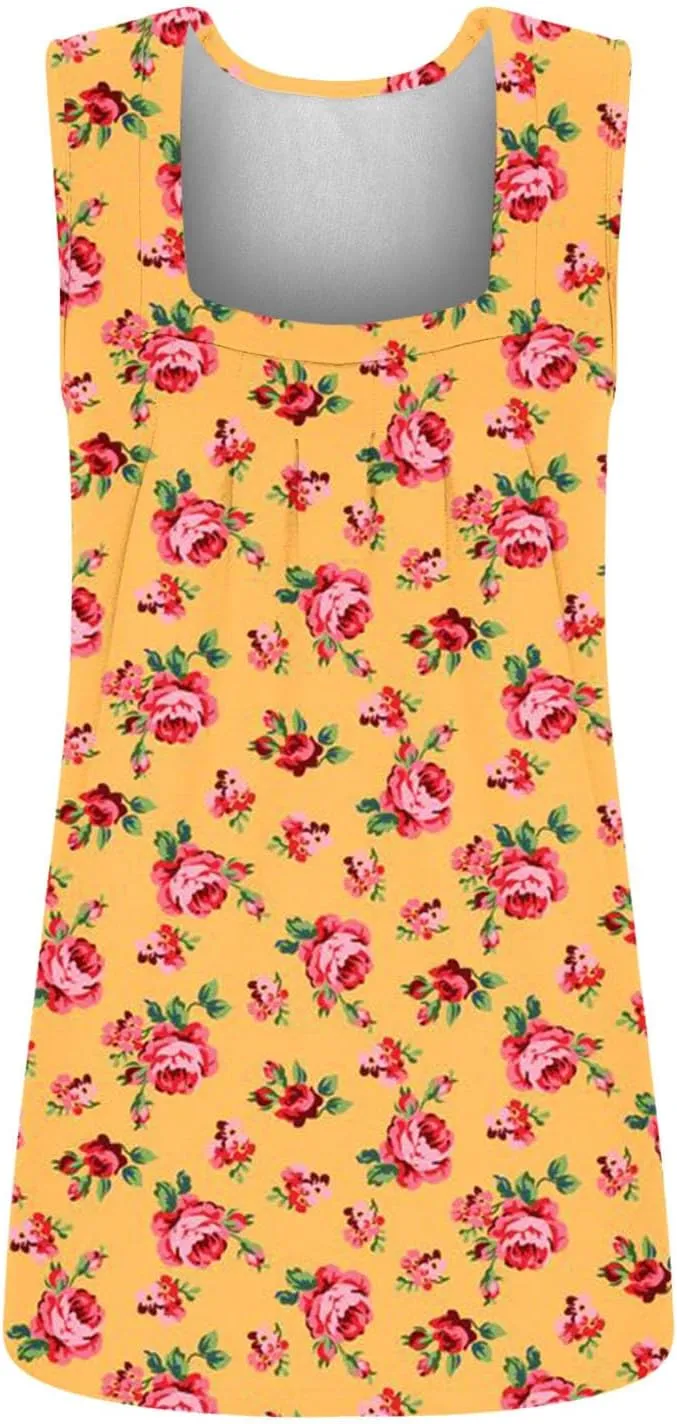 Lastesso Women's Tank Tops Fashion Retro Flower Print Smocked Front Shirts Casual Square Neck Sleeveless Tops Summer Tanks