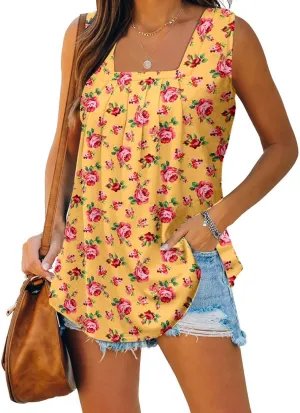 Lastesso Women's Tank Tops Fashion Retro Flower Print Smocked Front Shirts Casual Square Neck Sleeveless Tops Summer Tanks