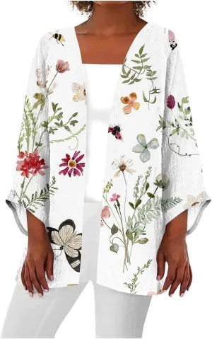 Lightweight Cardigan for Women Summer Printed 3/4 Sleeve Kimono Cardigan Casual Beach Cover Up Tops Open Front Blouse