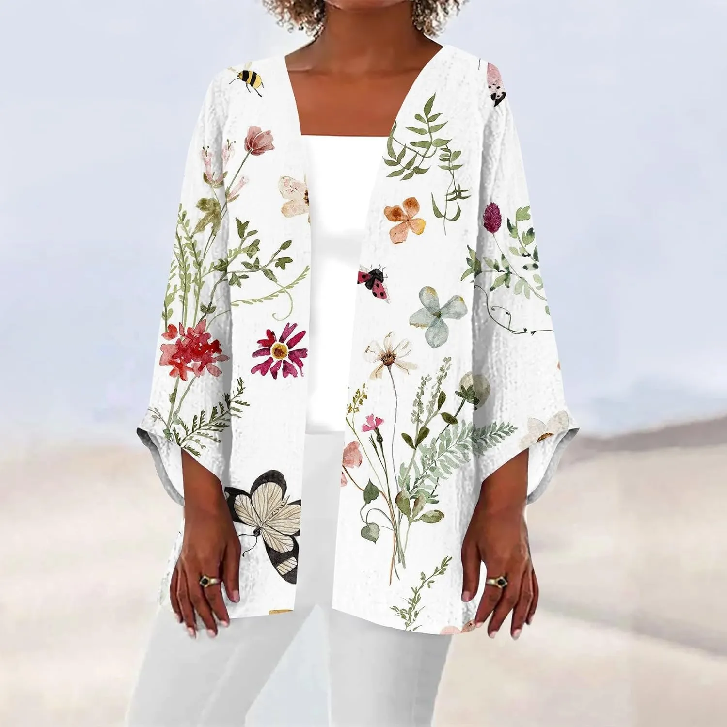 Lightweight Cardigan for Women Summer Printed 3/4 Sleeve Kimono Cardigan Casual Beach Cover Up Tops Open Front Blouse