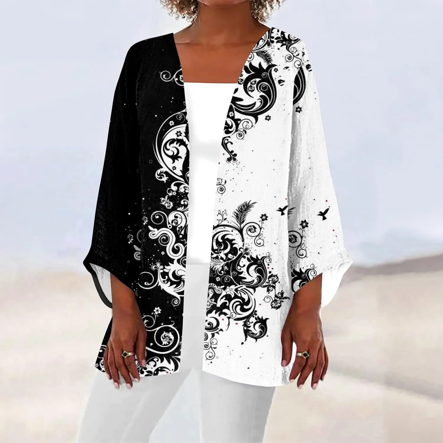 Lightweight Cardigan for Women Summer Printed Beach Cover Up Tops Open Front 3/4 Sleeve Kimono Cardigan Casual Blouse
