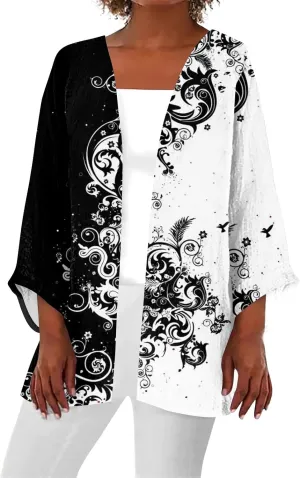 Lightweight Cardigan for Women Summer Printed Beach Cover Up Tops Open Front 3/4 Sleeve Kimono Cardigan Casual Blouse
