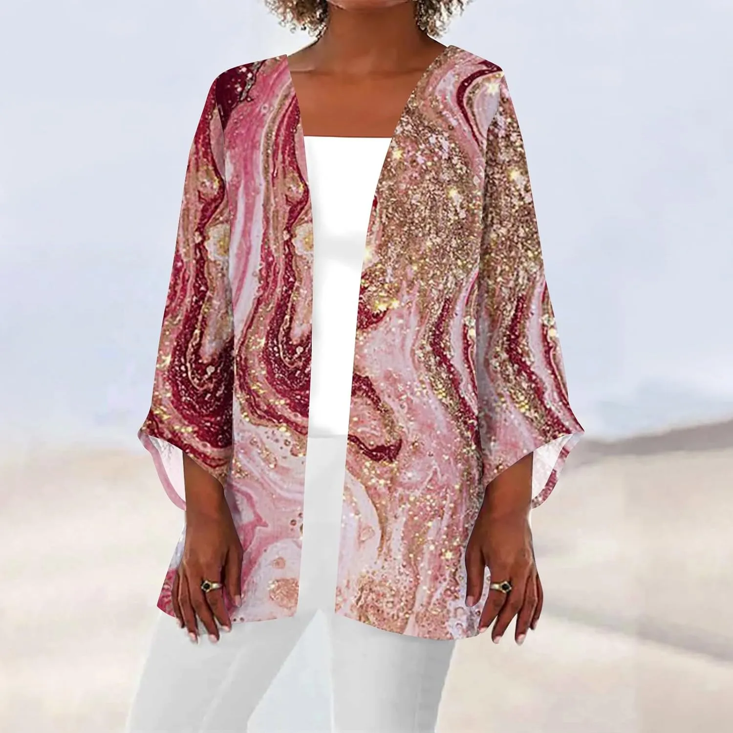Lightweight Cardigan for Women Summer Printed Beach Cover Up Tops Open Front 3/4 Sleeve Kimono Cardigan Casual Blouse