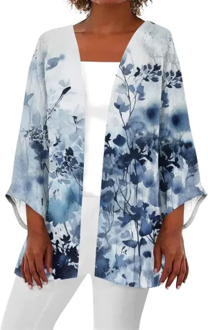 Lightweight Cardigans for Women Vintage Flower Print Quilted Jackets Oversized 3/4 Sleeve Beach Cover Up Shrugs