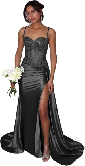 Lindo Novia Satin Mermaid Prom Dress 2025 for Women Lace Appliques Formal Gowns and Evening Dresses with Slit