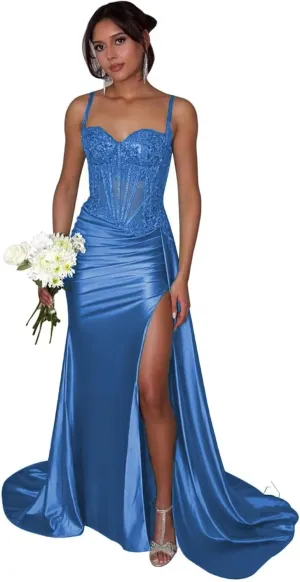 Lindo Novia Satin Mermaid Prom Dress 2025 for Women Lace Appliques Formal Gowns and Evening Dresses with Slit