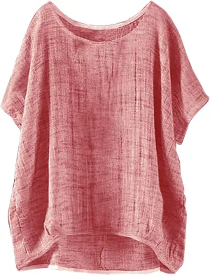 Linen Shirts for Women Summer 2025 Trendy Plus Size Crewneck Short Sleeve Cute Tops Casual Loose Fit Comfy Blouses