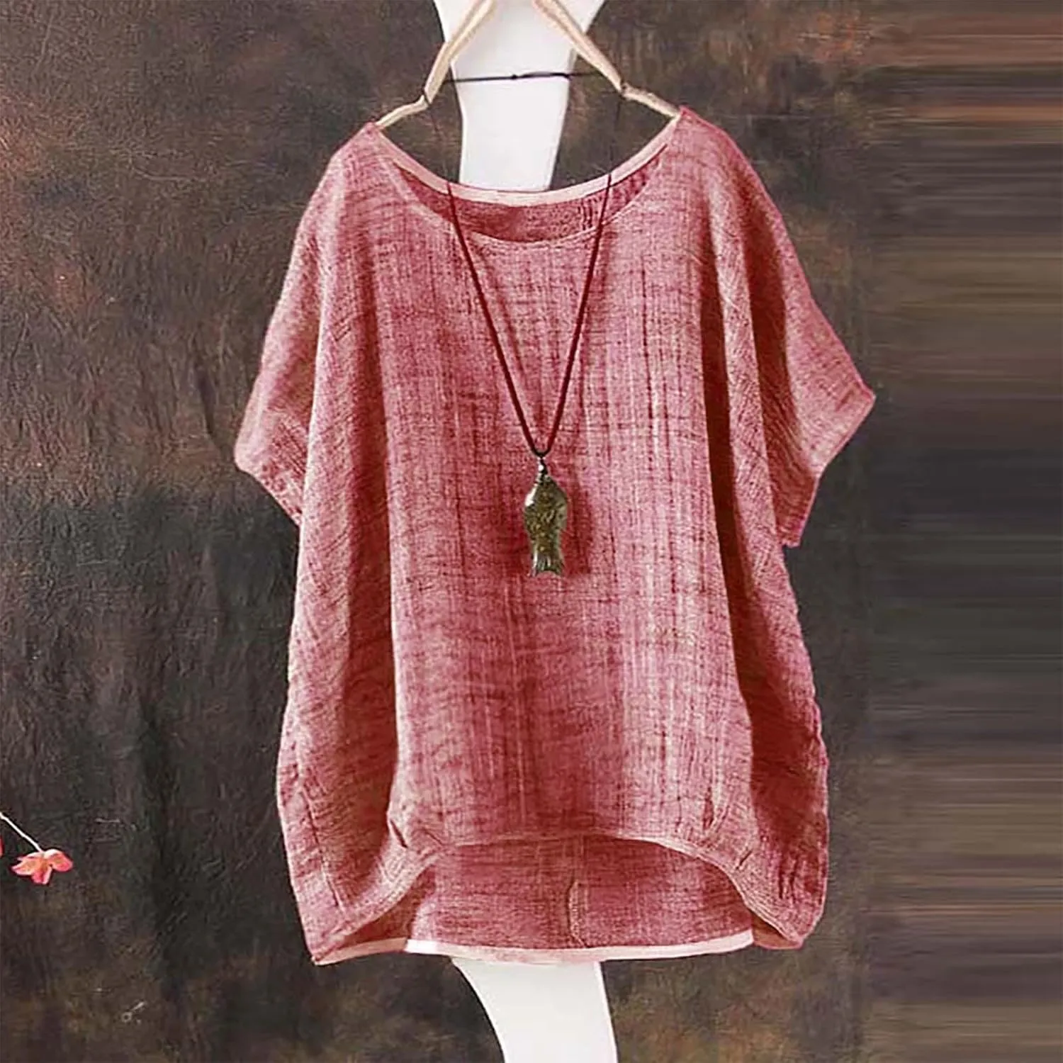 Linen Shirts for Women Summer 2025 Trendy Plus Size Crewneck Short Sleeve Cute Tops Casual Loose Fit Comfy Blouses