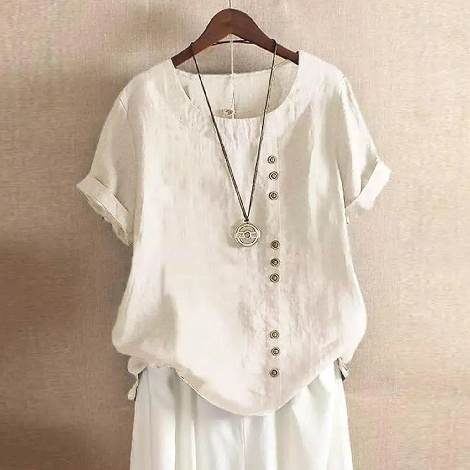 Linen Shirts for Women V Neck Button Down Blouses Plain Dressy Tee Tops Short Sleeve Loose Fit Tunic Top