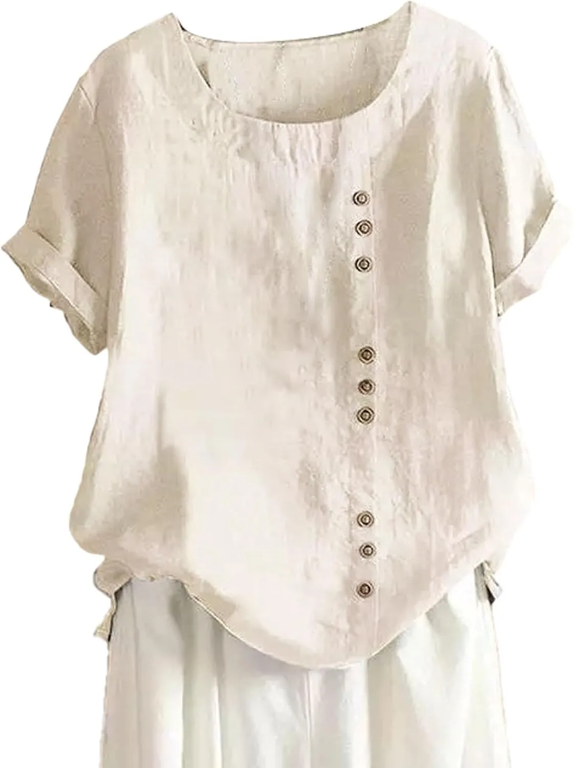 Linen Shirts for Women V Neck Button Down Blouses Plain Dressy Tee Tops Short Sleeve Loose Fit Tunic Top