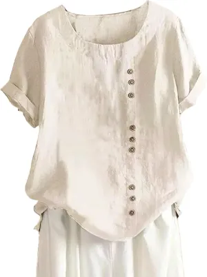 Linen Shirts for Women V Neck Button Down Blouses Plain Dressy Tee Tops Short Sleeve Loose Fit Tunic Top