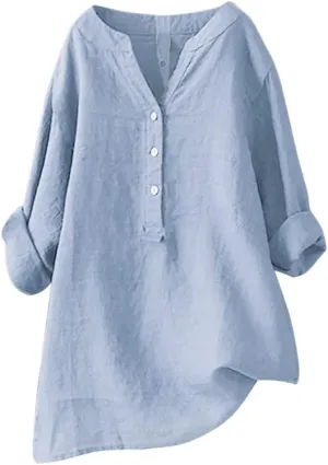 Linen Shirts for Women V-Neck Buttons Blouse Embroidery 2025 Summer Tshirt Long Sleeve Loose T-Shirts