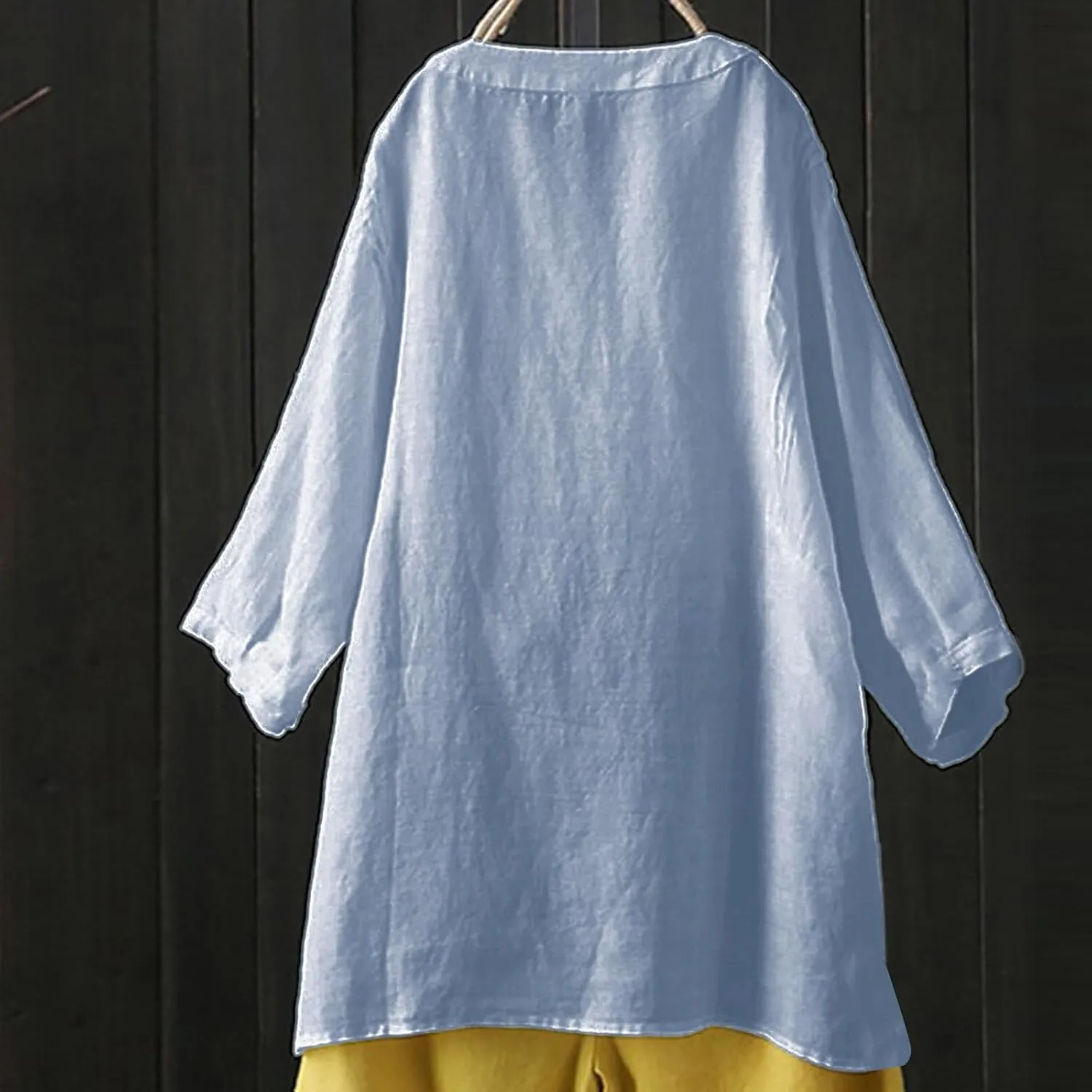 Linen Shirts for Women V-Neck Buttons Blouse Embroidery 2025 Summer Tshirt Long Sleeve Loose T-Shirts