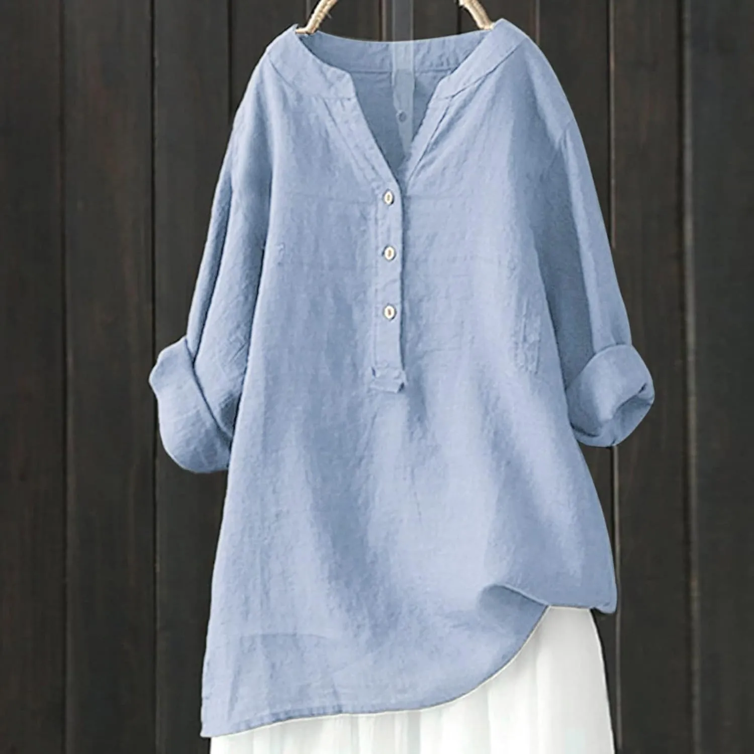 Linen Shirts for Women V-Neck Buttons Blouse Embroidery 2025 Summer Tshirt Long Sleeve Loose T-Shirts