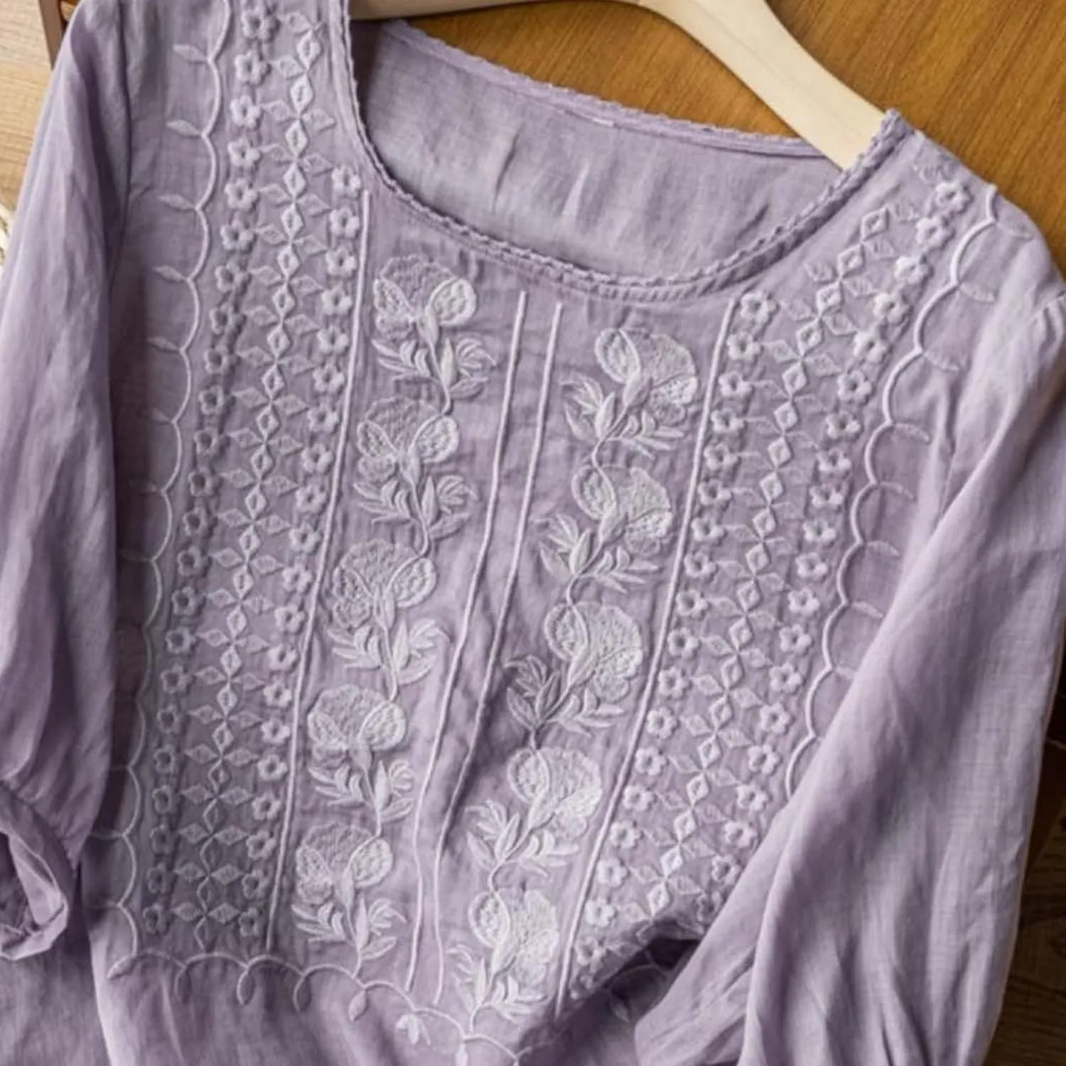 Linen Shirts for Women Vintage Embroidered Blouse Short Sleeve Summer Casual Dressy Loose Crew Neck Boho Tops