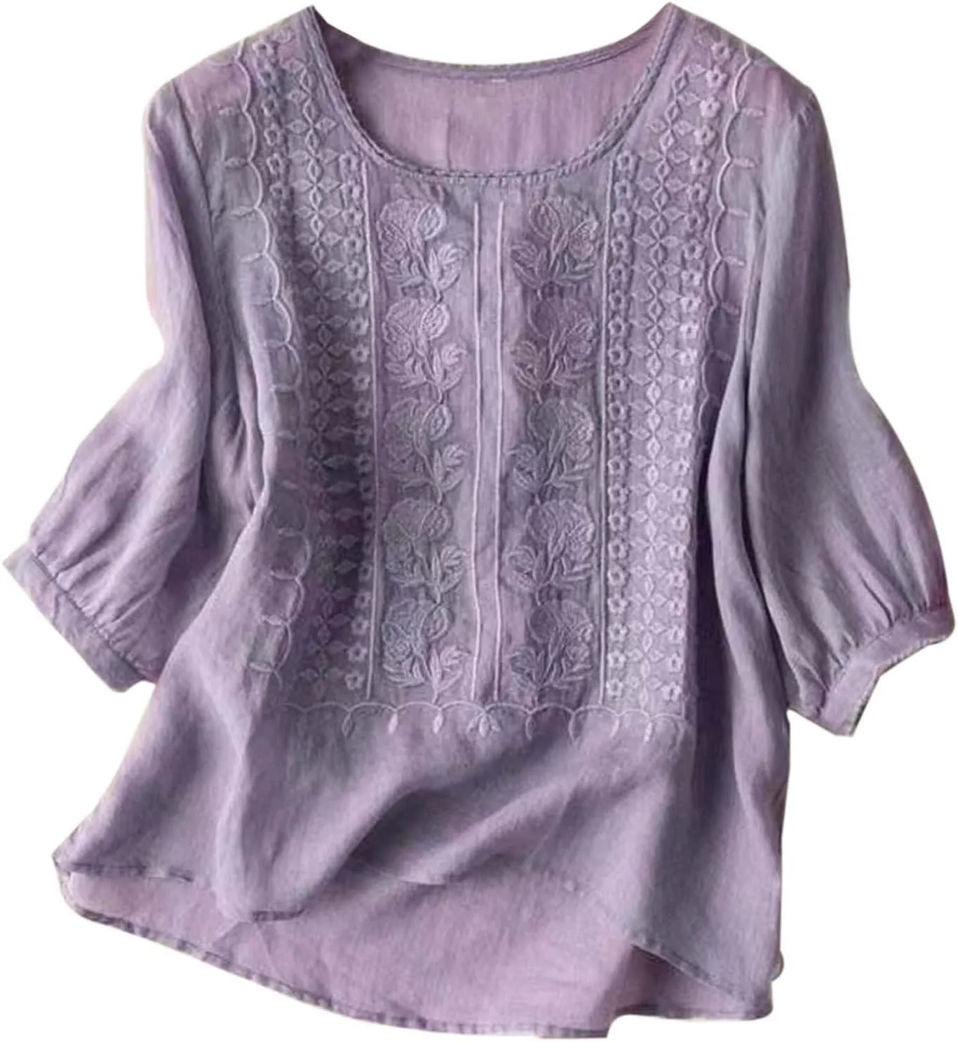 Linen Shirts for Women Vintage Embroidered Blouse Short Sleeve Summer Casual Dressy Loose Crew Neck Boho Tops