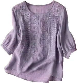 Linen Shirts for Women Vintage Embroidered Blouse Short Sleeve Summer Casual Dressy Loose Crew Neck Boho Tops