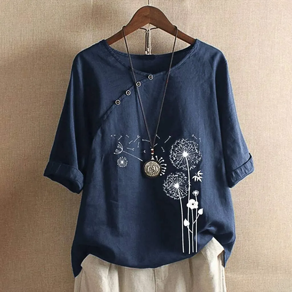 Linen Tops for Women Casual Oversized Summer Graphic Tees Short Sleeve Button Down Blouses Crew Neck Loose Fit Shirt