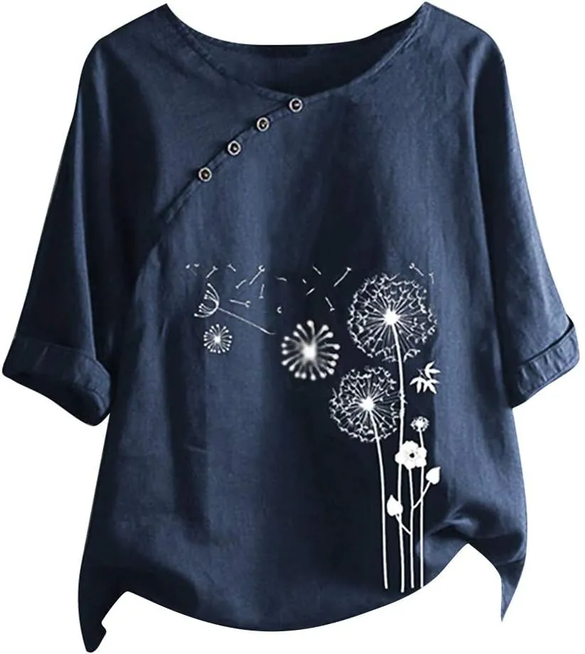 Linen Tops for Women Casual Oversized Summer Graphic Tees Short Sleeve Button Down Blouses Crew Neck Loose Fit Shirt