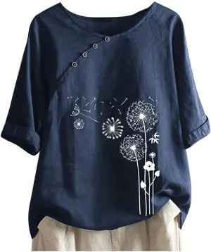 Linen Tops for Women Casual Oversized Summer Graphic Tees Short Sleeve Button Down Blouses Crew Neck Loose Fit Shirt
