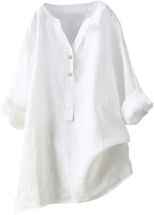 Linen Tops for Women Oversized Crew Neck Summer Short Sleeve Cotton Linen Tee Shirts Button Casual Soft Blouse