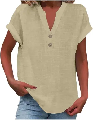 Linen Tops for Women Oversized Crew Neck Summer Short Sleeve Linen Tee Shirts Solid Casual Comfy Blouses Top