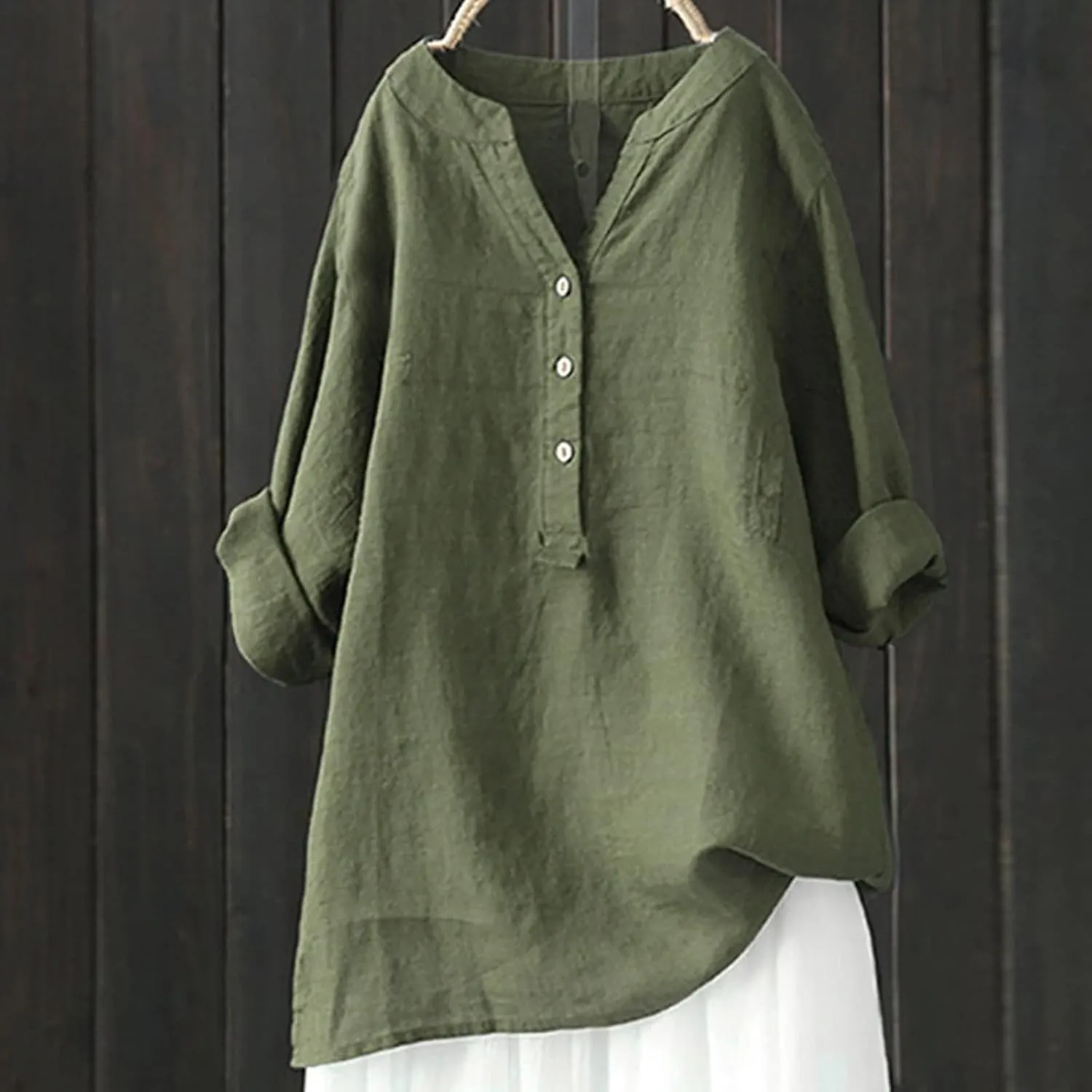 Linen Tops for Women Oversized Crewneck Summer Short Sleeve Cotton Linen Tee Shirt Plain Casual Henley Blouse