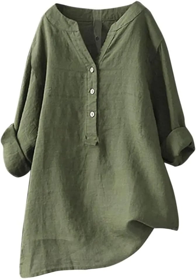 Linen Tops for Women Oversized Crewneck Summer Short Sleeve Cotton Linen Tee Shirt Plain Casual Henley Blouse