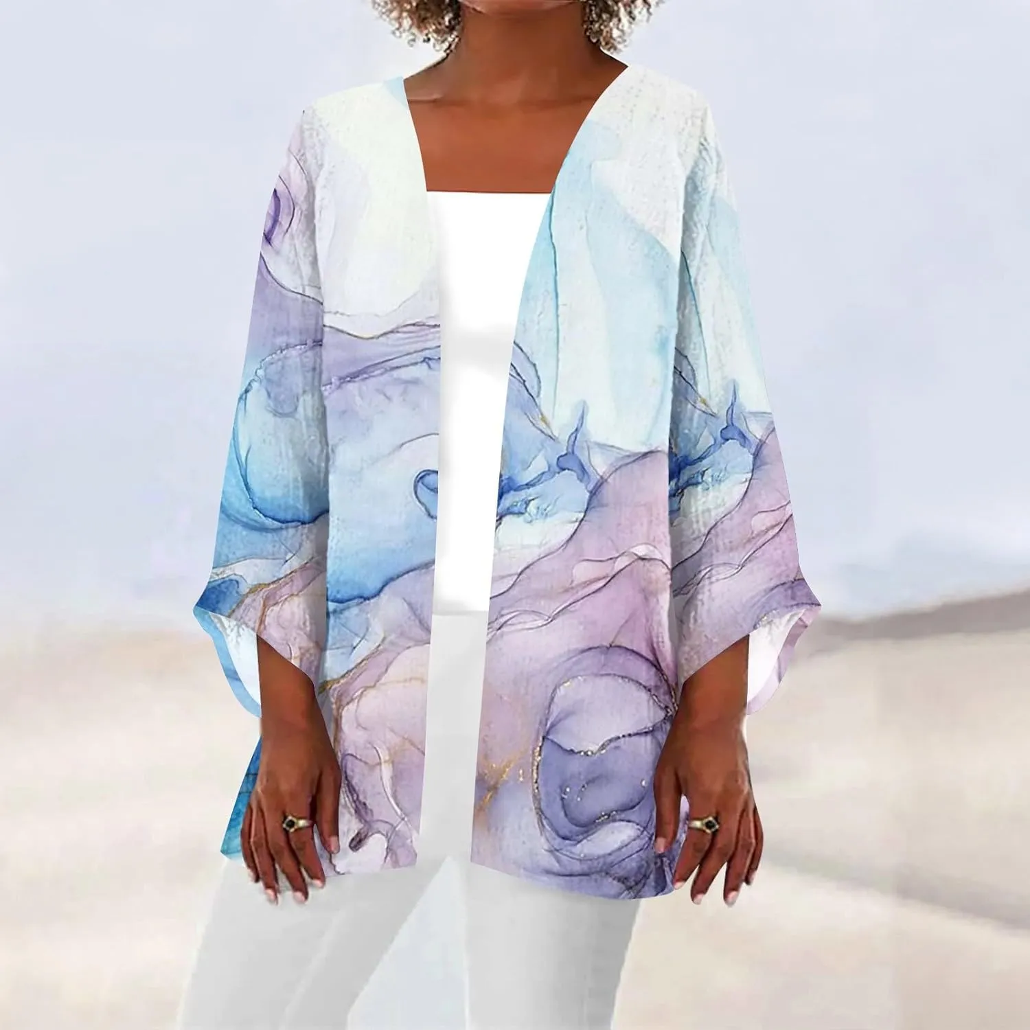 Long Sleeve Kimono for Womens Retro Print Casual Duster Blouse Tops Coat 3/4 Sleeve Jackets Lightweight Cardigans