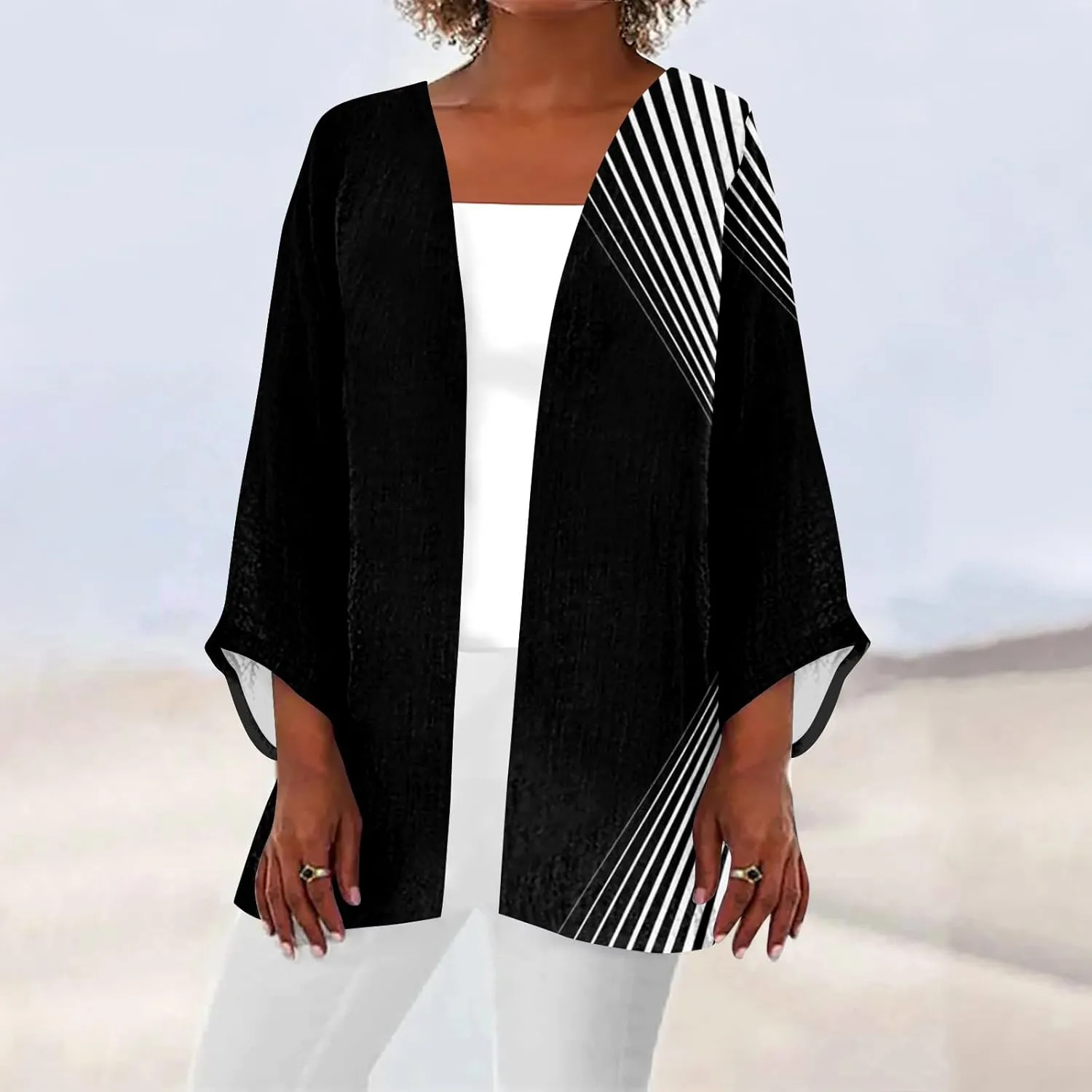 Long Sleeve Kimono for Womens Retro Print Casual Duster Blouse Tops Coat 3/4 Sleeve Jackets Lightweight Cardigans