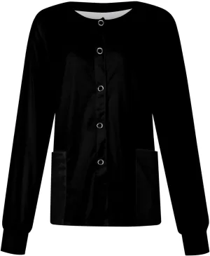 Long Sleeve Scrub Tops Women Solid Color Butterfly Printed Medical Uniform Tops Plus Sized Nursing Jacket Tops