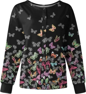 Long Sleeve Scrub Tops Women Solid Color Butterfly Printed Medical Uniform Tops Plus Sized Nursing Jacket Tops