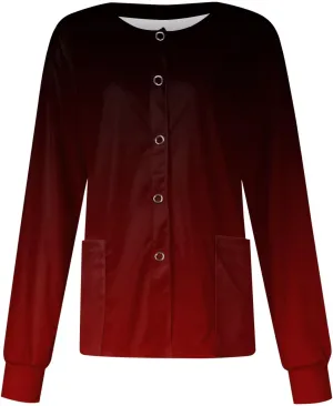 Long Sleeve Scrub Tops Women Solid Color Butterfly Printed Medical Uniform Tops Plus Sized Nursing Jacket Tops