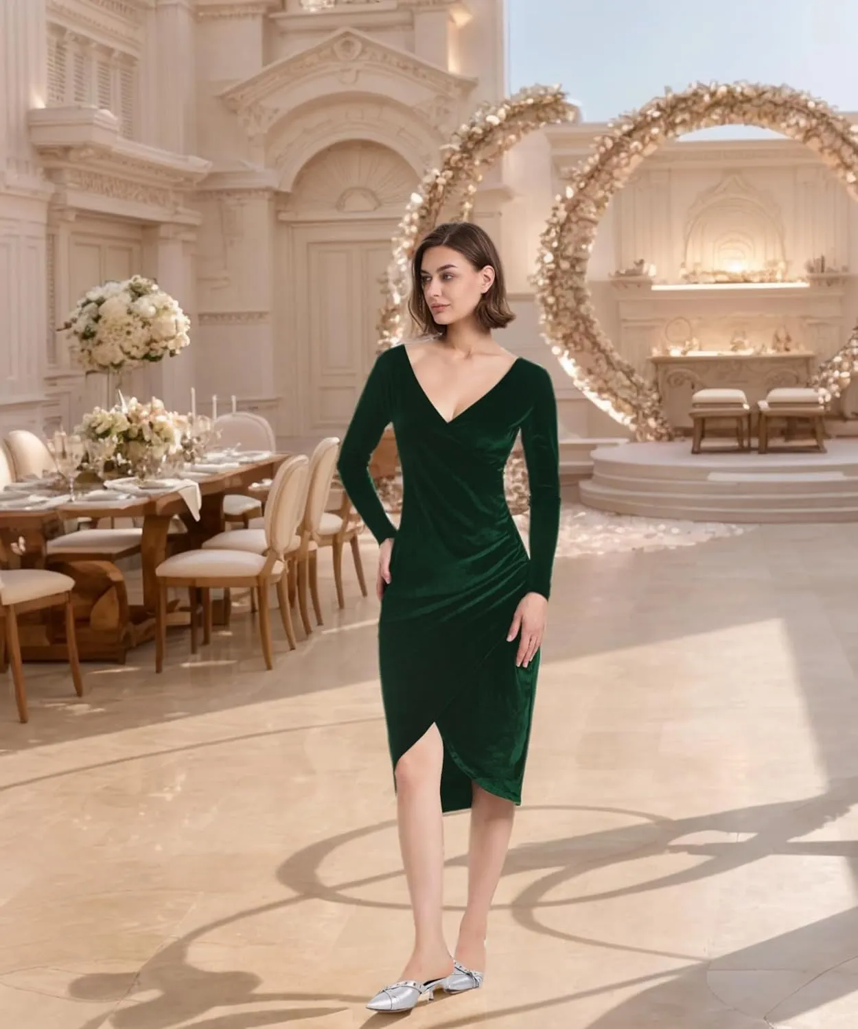 Long Sleeve V Neck Bodycon Ruched Wrap Velvet Dress Wedding Formal Guest Dress