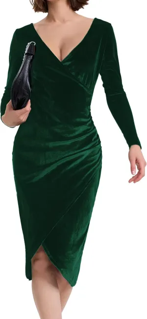 Long Sleeve V Neck Bodycon Ruched Wrap Velvet Dress Wedding Formal Guest Dress