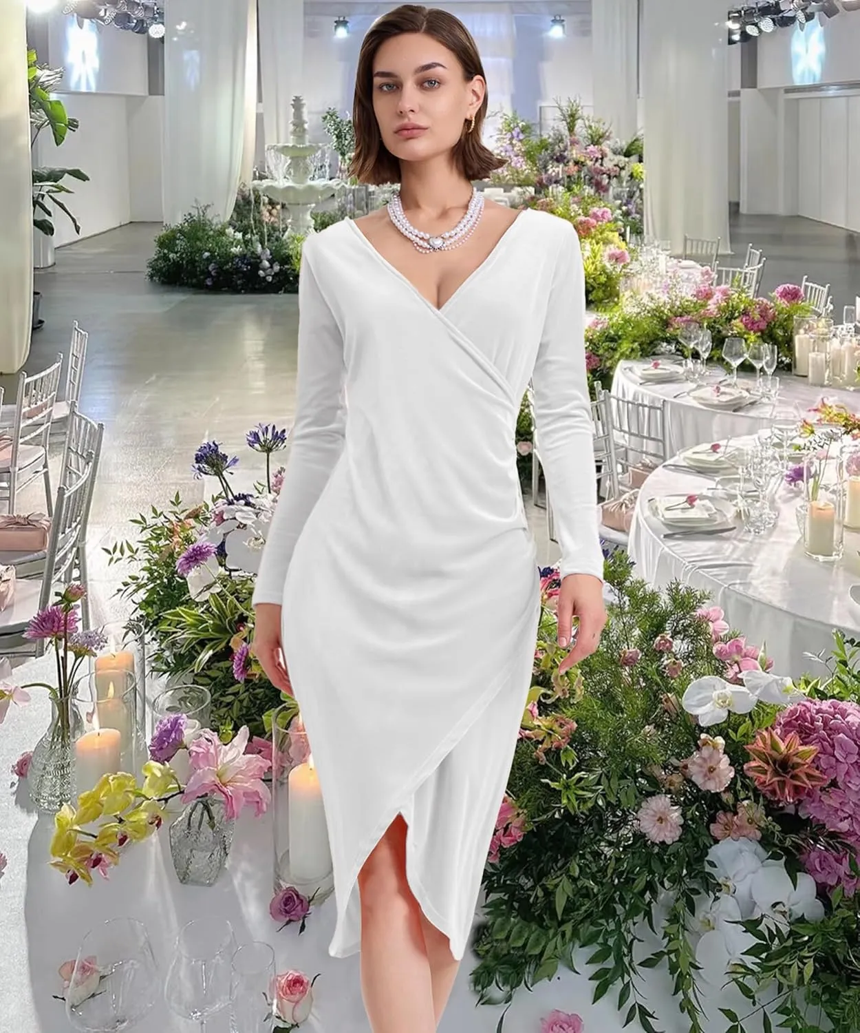 Long Sleeve V Neck Bodycon Ruched Wrap Velvet Dress Wedding Formal Guest Dress
