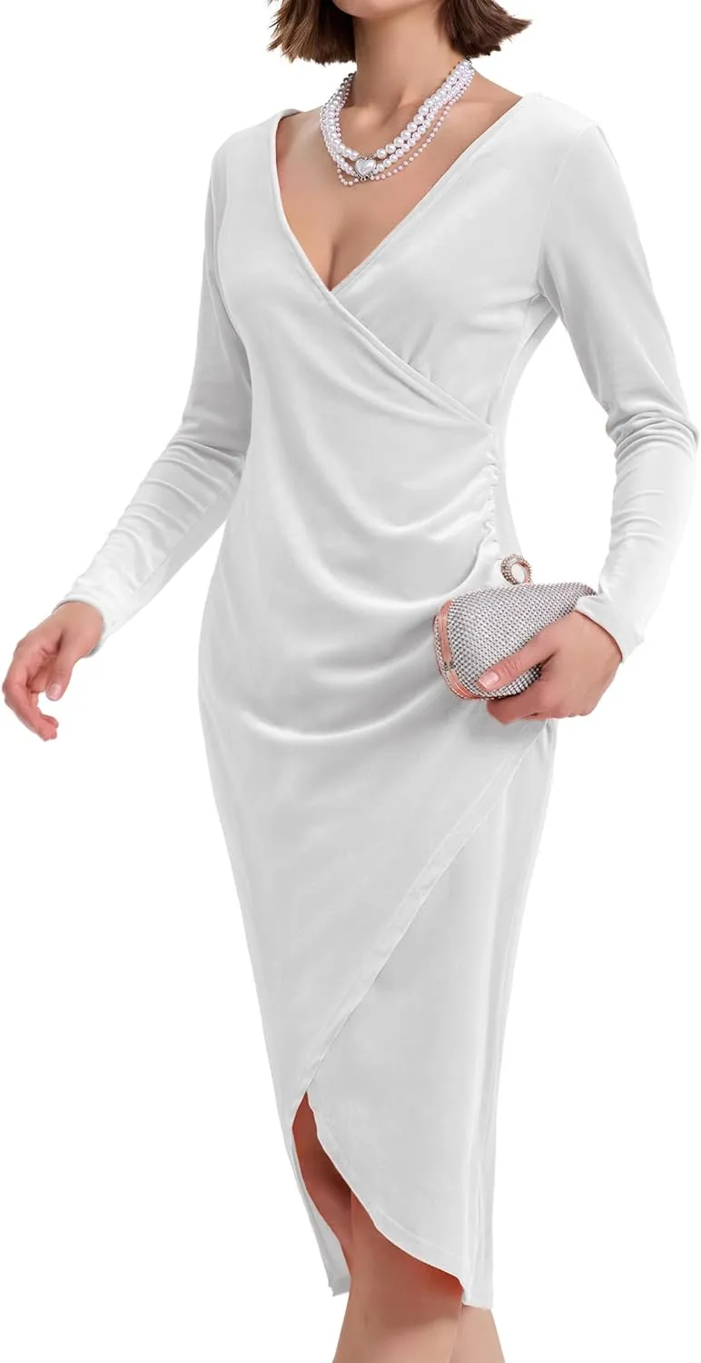 Long Sleeve V Neck Bodycon Ruched Wrap Velvet Dress Wedding Formal Guest Dress