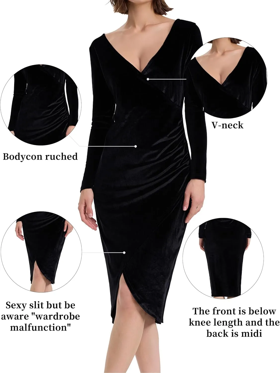 Long Sleeve V Neck Bodycon Ruched Wrap Velvet Dress Wedding Formal Guest Dress
