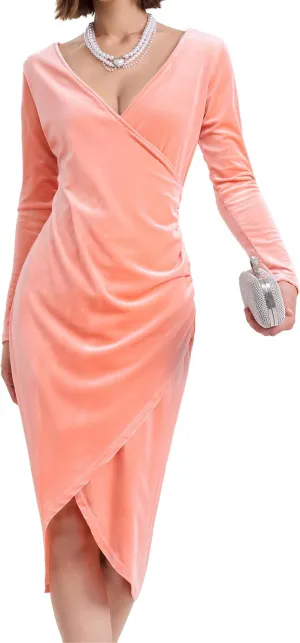 Long Sleeve V Neck Bodycon Ruched Wrap Velvet Dress Wedding Formal Guest Dress