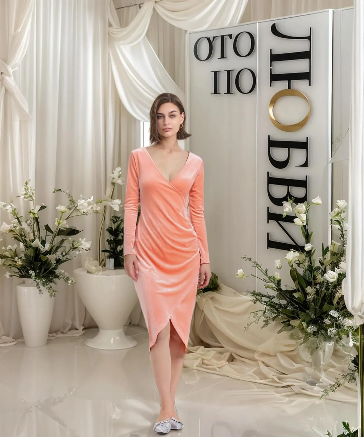 Long Sleeve V Neck Bodycon Ruched Wrap Velvet Dress Wedding Formal Guest Dress