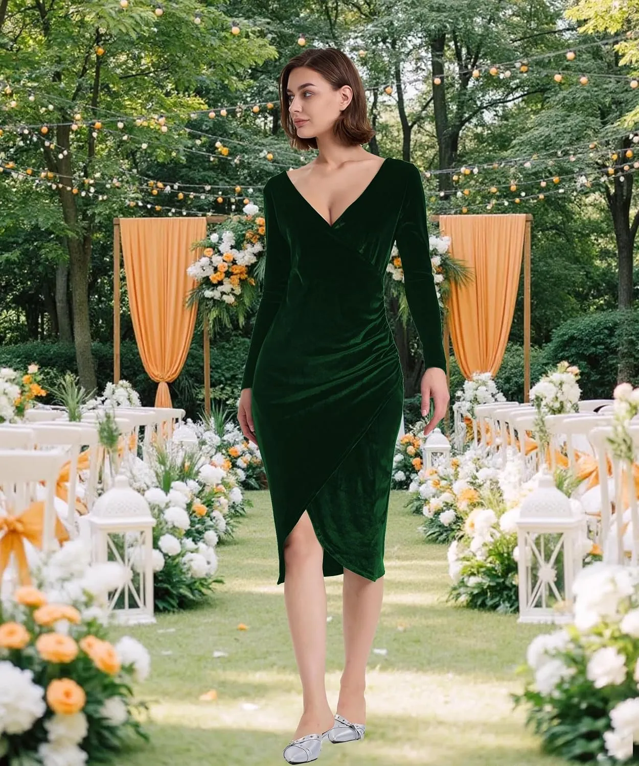 Long Sleeve V Neck Bodycon Ruched Wrap Velvet Dress Wedding Formal Guest Dress