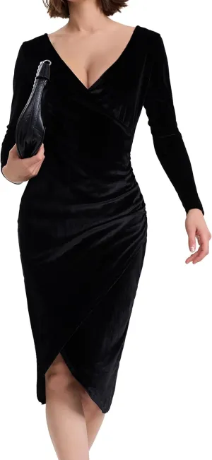 Long Sleeve V Neck Bodycon Ruched Wrap Velvet Dress Wedding Formal Guest Dress