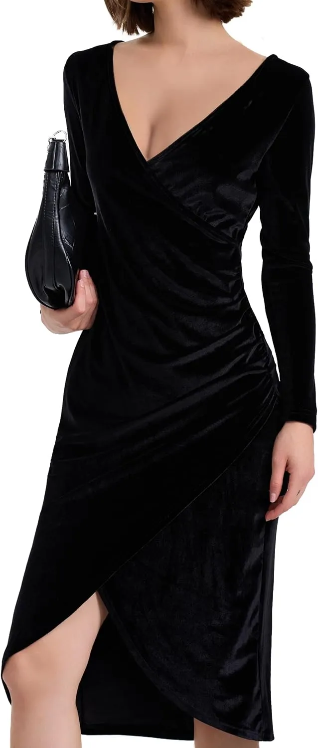Long Sleeve V Neck Bodycon Ruched Wrap Velvet Dress Wedding Formal Guest Dress