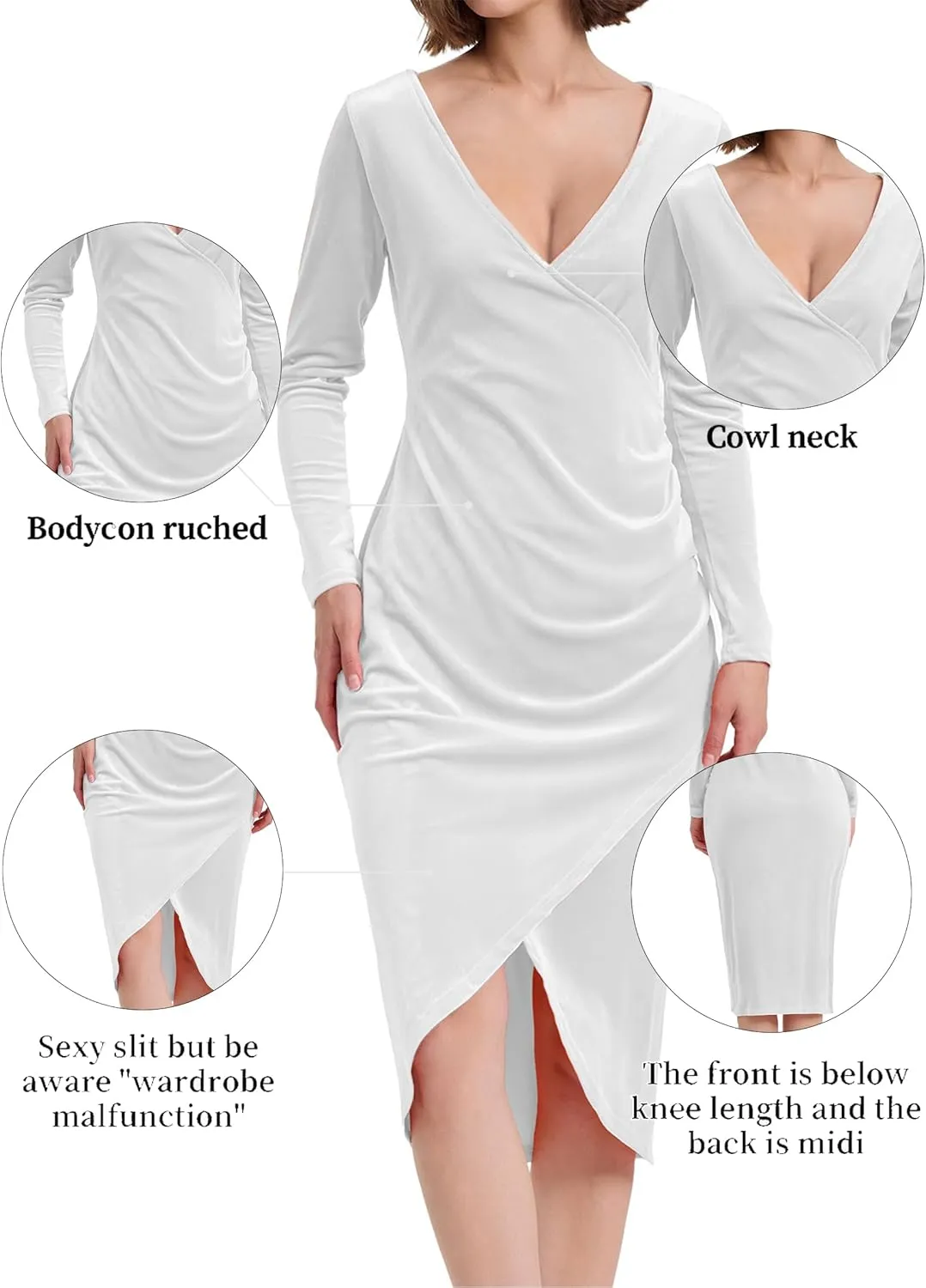 Long Sleeve V Neck Bodycon Ruched Wrap Velvet Dress Wedding Formal Guest Dress