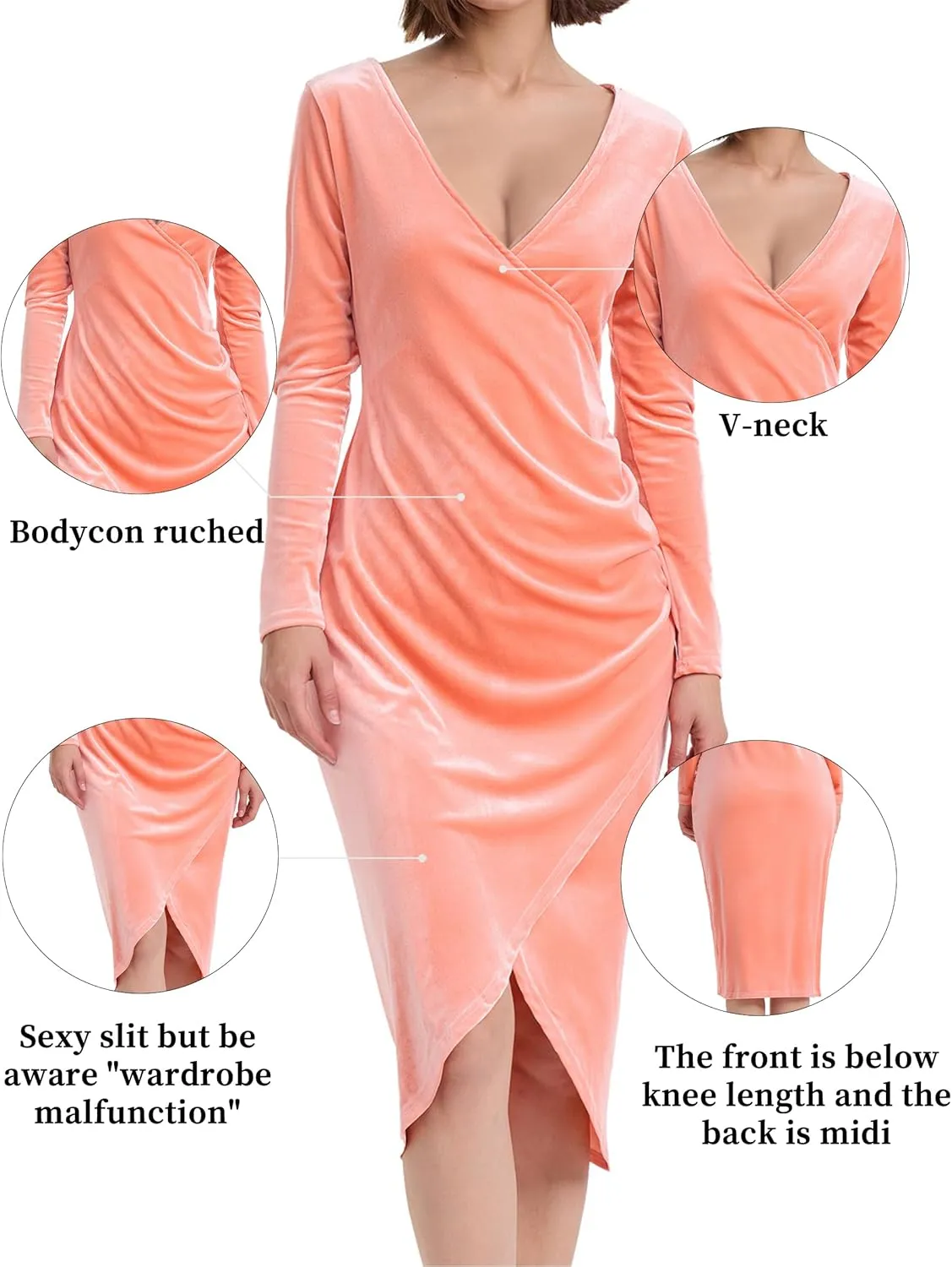 Long Sleeve V Neck Bodycon Ruched Wrap Velvet Dress Wedding Formal Guest Dress